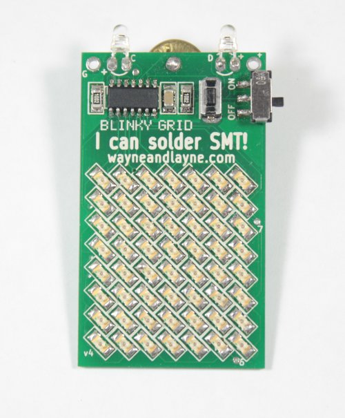 The Blinky Grid SMT, an easy-to-customize learn-to-solder-SMT badge.